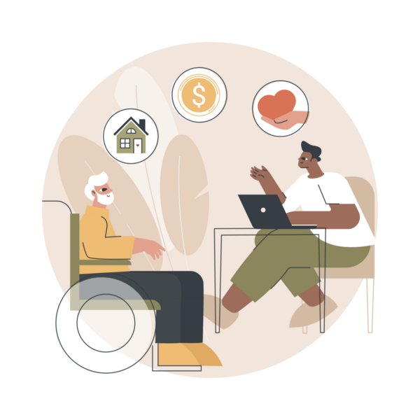 älterer Mann im Rollstuhl sitzt vor jüngerem Mann mit Laptop am Schreibtisch