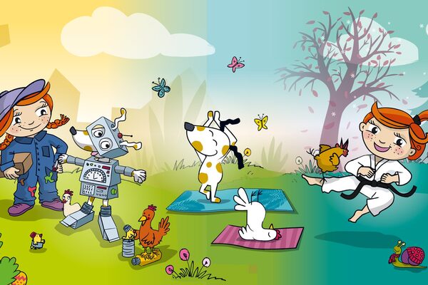 Zeichnung mit Tieren und Kindern