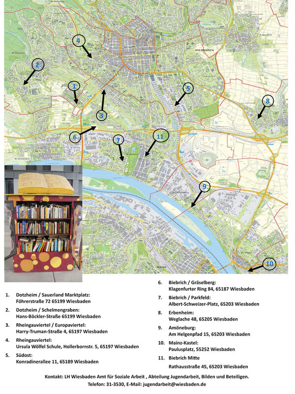 Карта на Висбаден с местоположението на книжните кутии