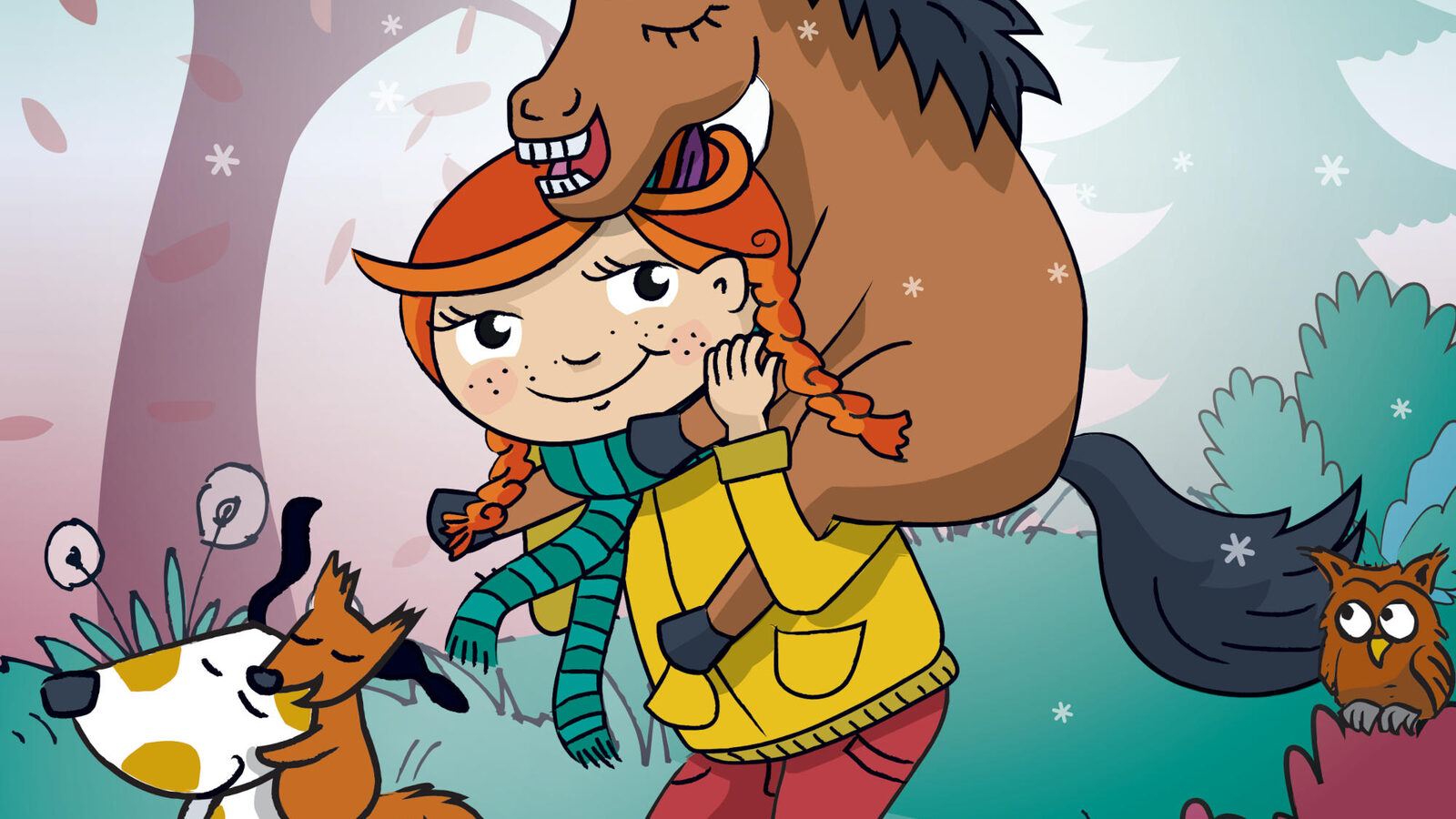 En un dibujo, una niña lleva un caballo, un perro y una ardilla corren delante de ella.