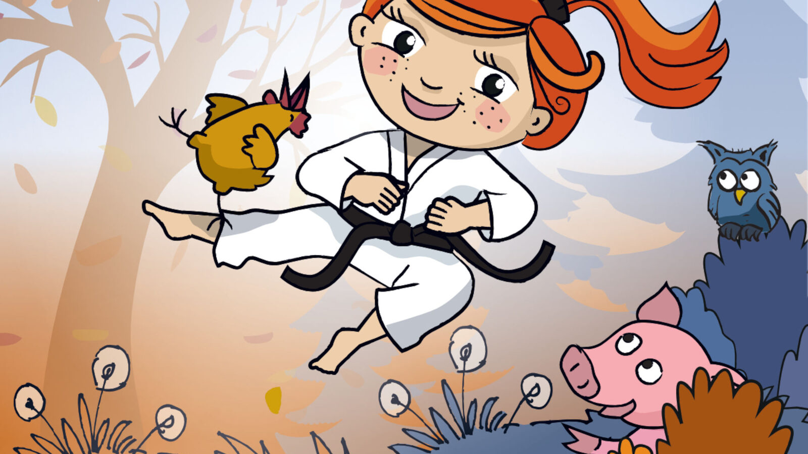 Ein Mädchen im Judoanzug springt hoch, ein Schwein und eine Eule schauen dabei zu.