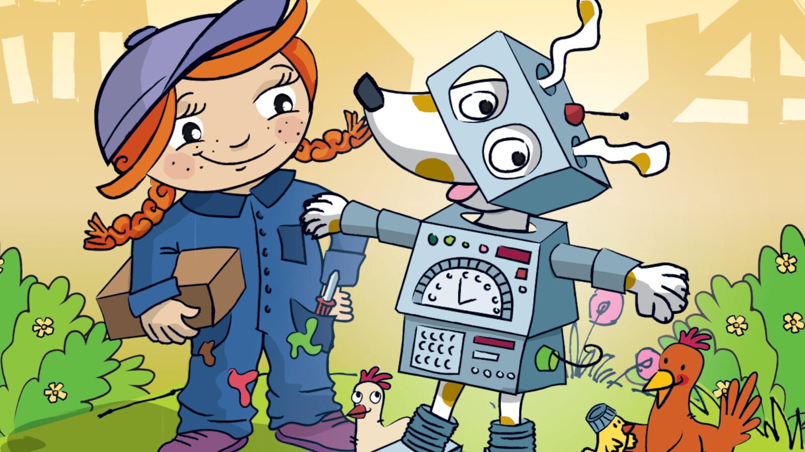 Jeden z rysunków przedstawia dziewczynę w niebieskim kombinezonie stojącą przed robotem.