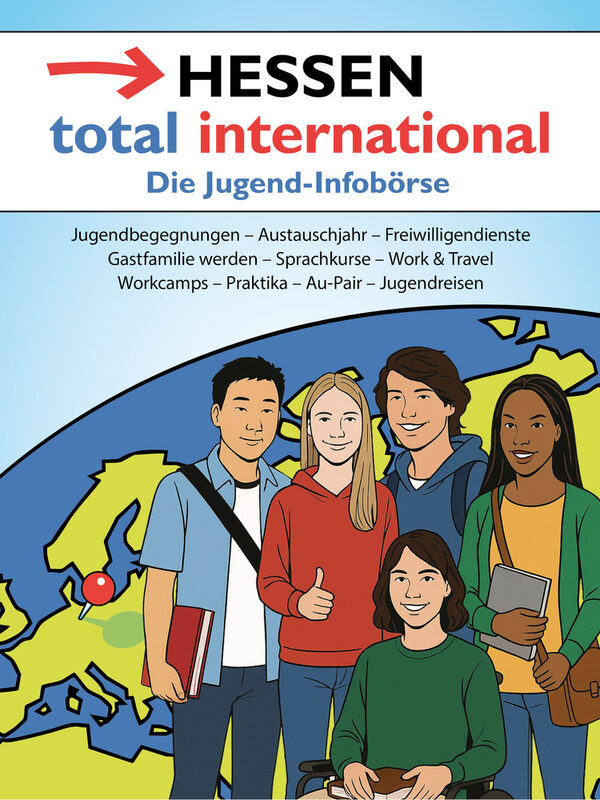 Poster for youth info exchange with 5 young people in front of a globe