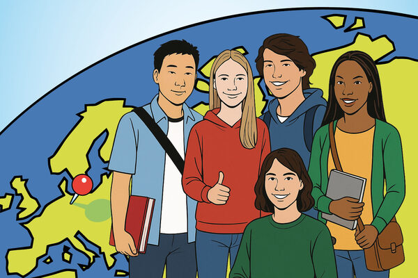 Графика с 5 младежи пред глобус