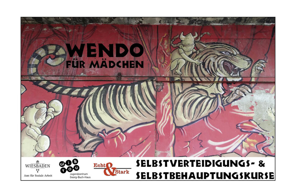 Ein Plakat mit einem Tiger und der Aufschrift "Wendo für Mädchen".