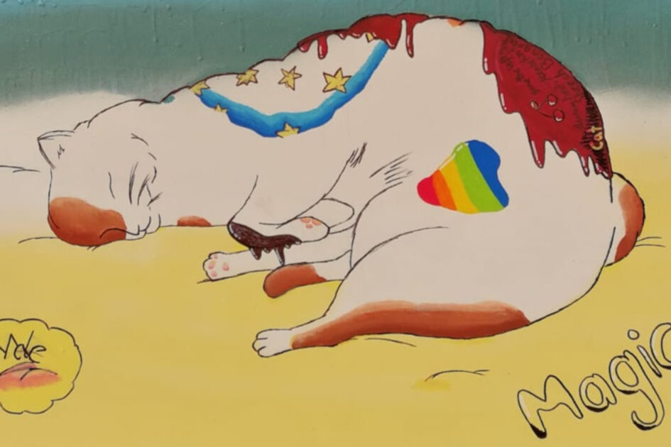 Eine Zeichnung zeigt eine liegende Katze auf einem gelben Kissen, rechts unten steht "Magic".