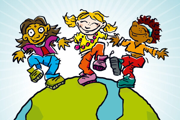 Un dessin de type bande dessinée montre trois enfants sur un demi-globe, ils rient et sautent.