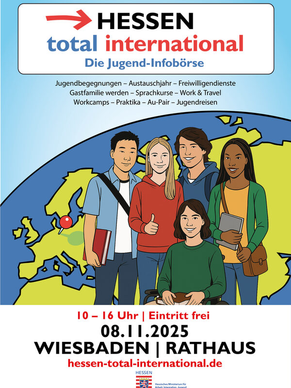 Plakat für Jugendinfo-Börse mit 5 jungen Menschen vor einem Globus