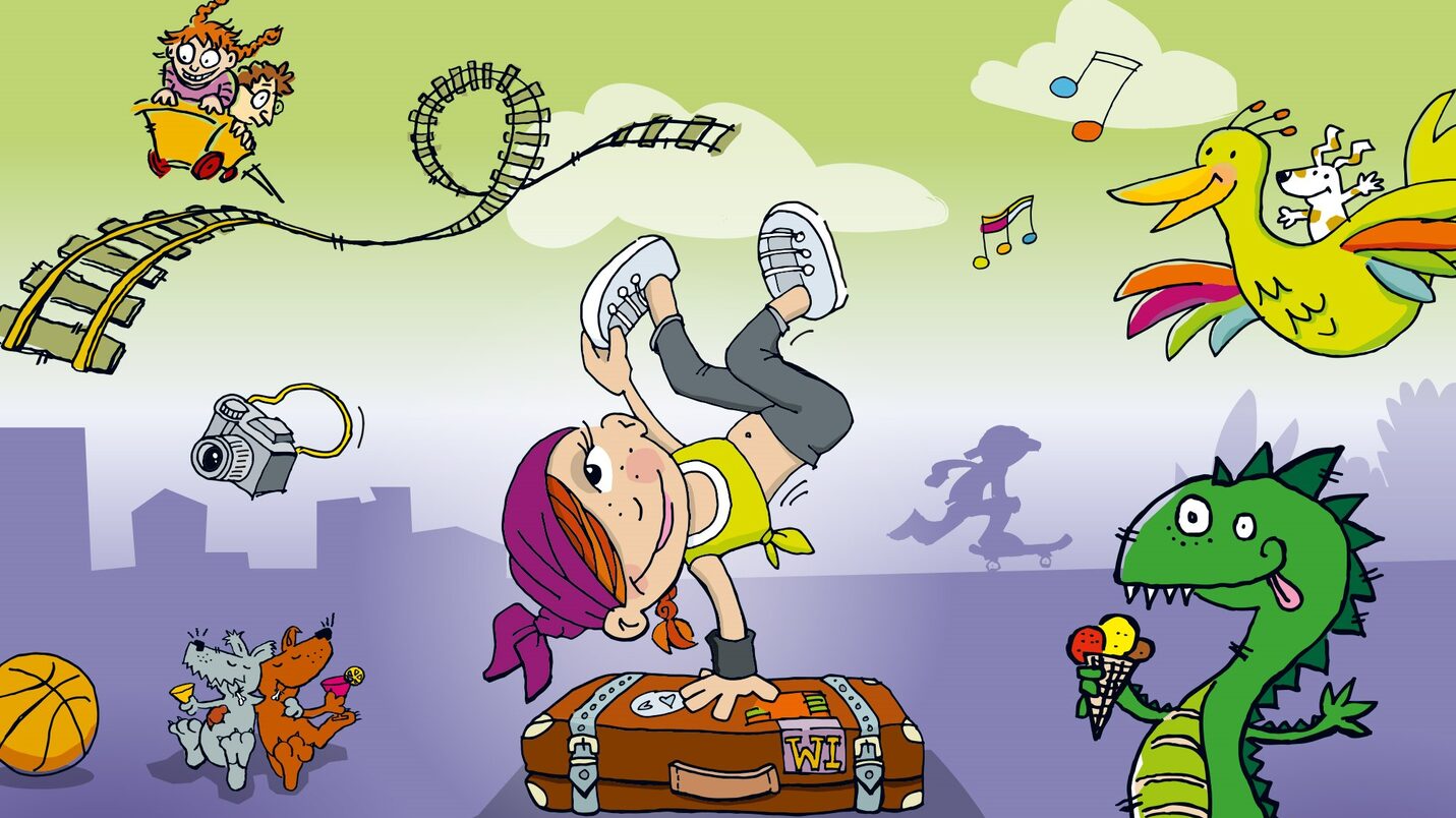 Дівчина робить стійку на одній руці на валізі, навколо неї - дракон та інші тварини.