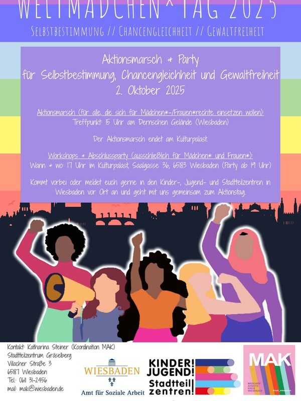 Ein Plakat mit gezeichneten Frauen, die mit einem Megafon und gehobenen Händen demonstrieren.