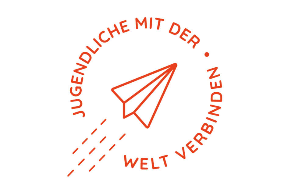 Ein Pfeil wird von Schrift umrandet. Dort steht: Jugendliche mit der Welt verbinden.