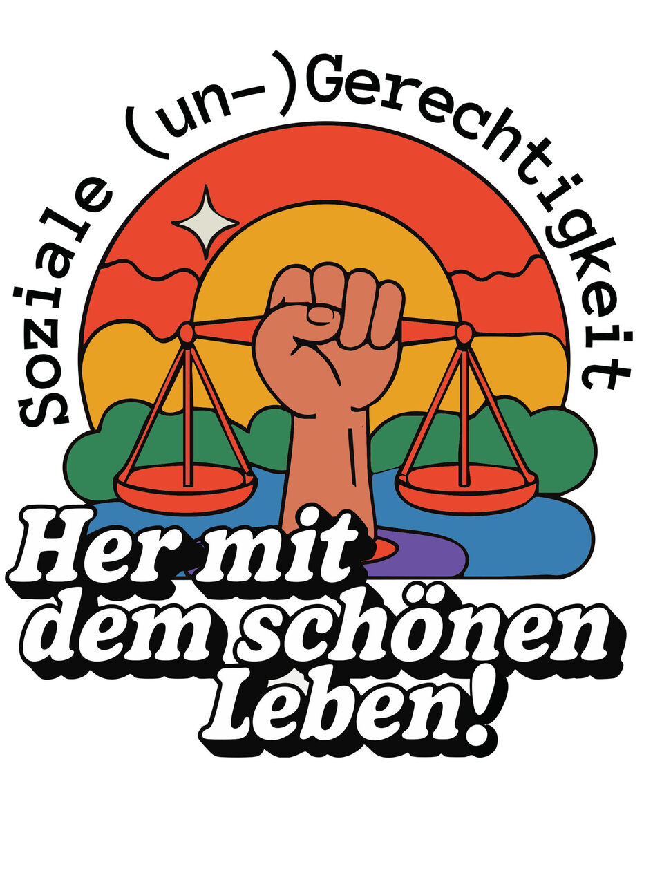 Eine stilisierte Hand hält eine Waage. Darum herum steht "Soziale (un-)Gerechtigkeit - Her mit dem schönen Leben!"