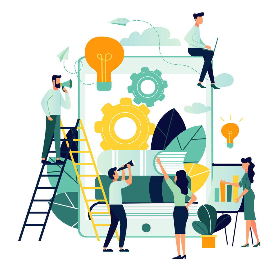 Fikirleri harmanlayan insanların illüstrasyonu.