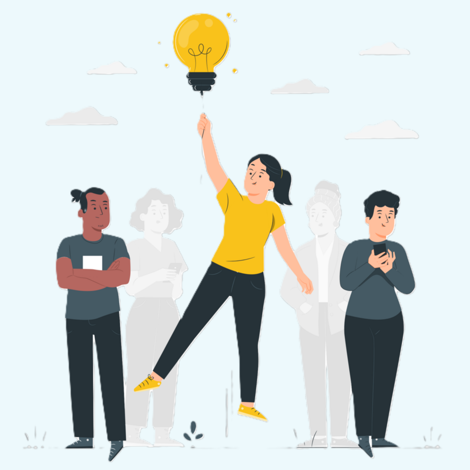 Illustration einer Person, die von einer Glühbirne hochgezogen wird.