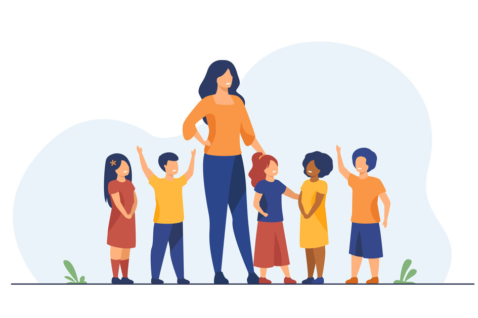 Kinder bilden eine Gruppe mit Erzieherin.