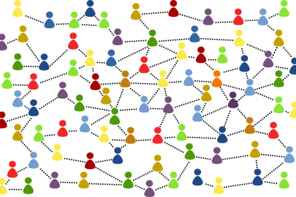 Miteinander verbundene Spielfiguren in verschiedenen Farben.