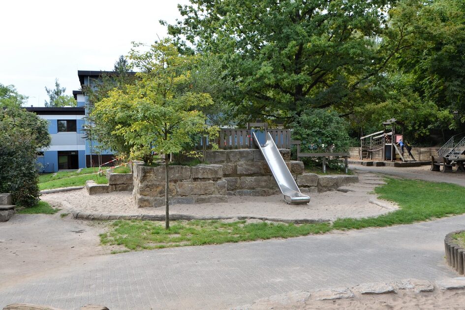 Das Außengelände der Kindertagesstätte. In der Mitte ist eine Erhöhung aus Natursteinen mit einer Rutsche in den Sandbereich