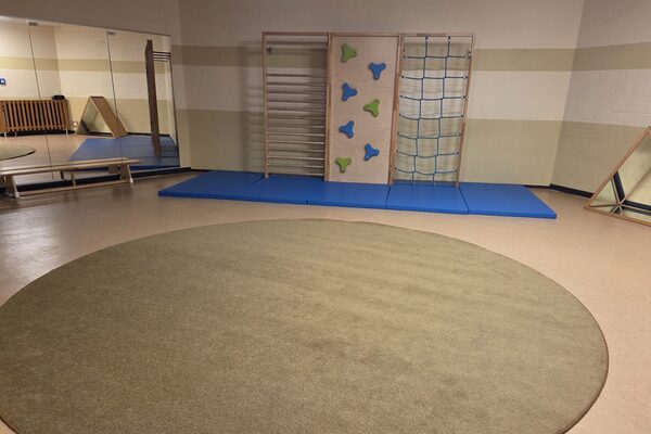 The movement room with a large round carpet in the middle. There is a climbing frame on the wall and a large mirror on the left. There is a mirror tent on the right-hand side