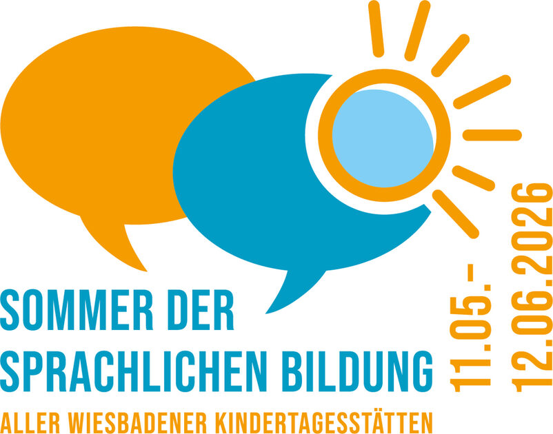 Това е логото на Лятото на езиковото обучение. Два балона със слънце са символът, допълнен с текста "Лято на езиковото обучение".