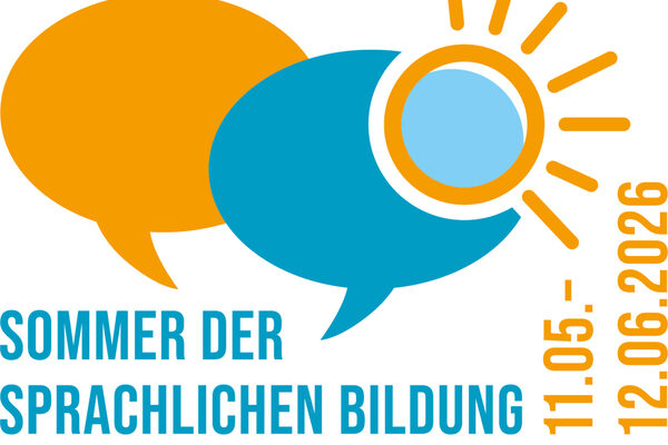 Това е логото на Лятото на езиковото обучение. Два балона със слънце са символът, допълнен с текста "Лято на езиковото обучение".