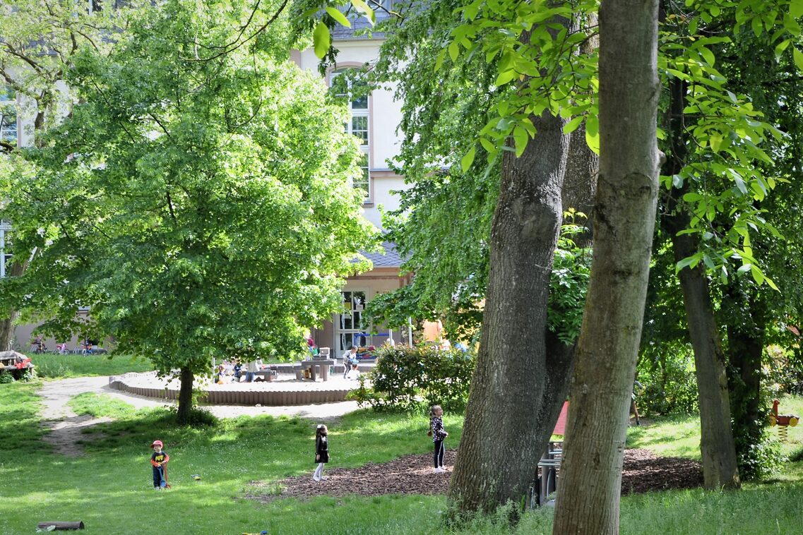 The daycare center is located in a large park with tall old trees. The building can be seen in the background.