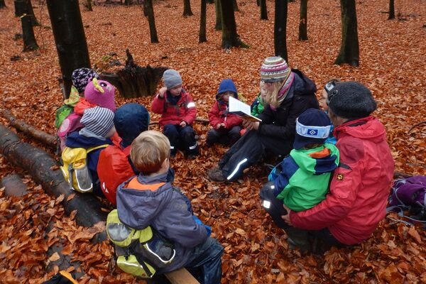 Kinder sitzen mit einer Erzieherin im Kreis auf dem Waldboden. Es ist Herbst und die Blätter sind rot