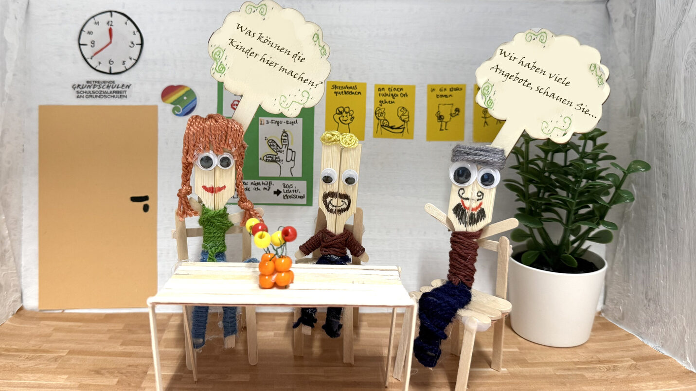 Gebastelter Schuhkarton als Besprechungszimmer, die drei Figuren sind aus Holzstäbchen und Wolle gebastelt. An einem Tisch sitzen eine braunhaarige Mutter, ein blonder Vater mit Bart und ein grauhaariger Schulsozialarbeiter mit Bart. Die Mutter hält ein Schild hoch, auf dem die Frage steht "Was können die Kinder hier machen. Der Schulsozialarbeiter hat auf seinem Schild stehen "wir haben viele Angebote, schauen Sie..."