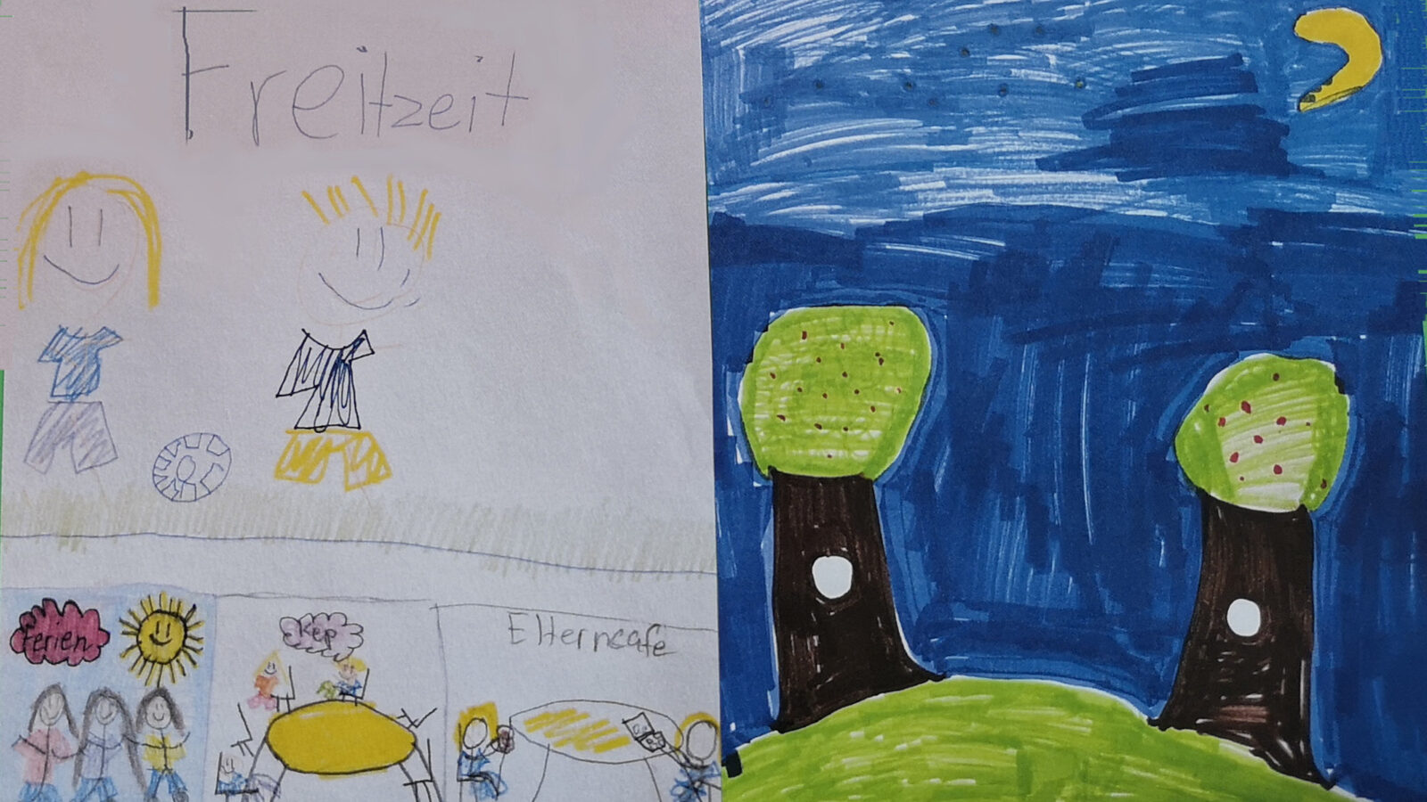Gemalte Bilder mit Kindern, die Fußball spielen; Drei Kinder genießen die Sonne; Kinder sitzen am Tisch und haben KEP; Schulsozialarbeiterin hat mit einer Mutter ein Gespräch am Tisch; Zwei Bäume stehen auf einer Wiese und der Mond ist am Himmel