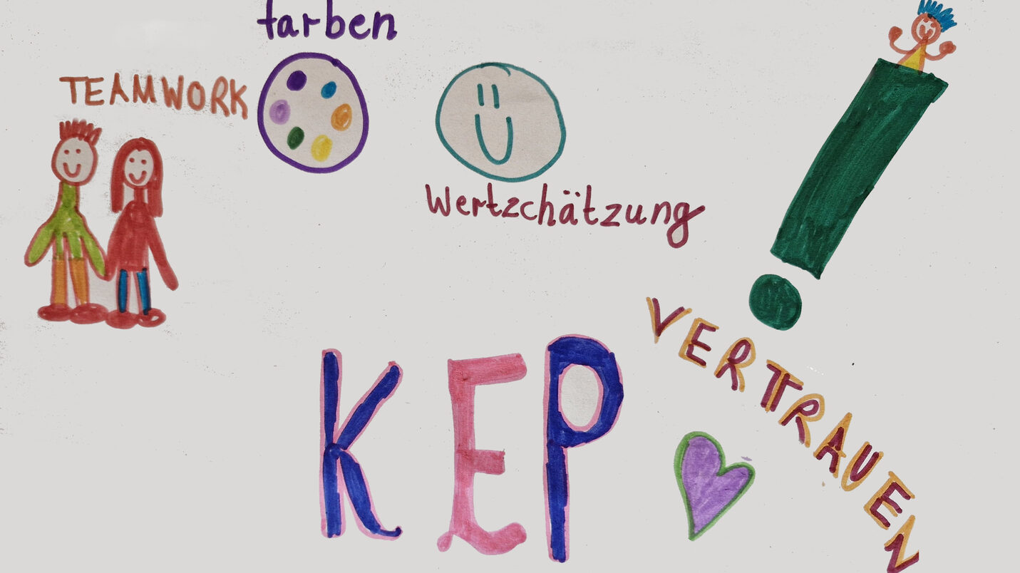 Gemaltes Bild auf dem groß "KEP" steht. Oben links ein Junge und ein Mädchen, über denen "Teamwork" steht. Darüber ist eine Farbpalette mit dem Wort "Farbe" zu sehen, daneben ein Smiley unter dem "Wertschätzung" steht. Rechts auf dem Bild ein großes Ausrufezeichen unter den "Vertrauen" geschrieben ist.