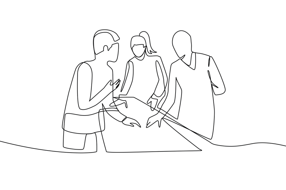 In der Grafik sind mit einer schwarzen durchgängigen Linie drei Personen dargestellt, die auf einen Plan zeigen und miteinander sprechen.