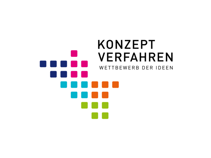 Logo mit bunten Kacheln und dem Schriftzug „Konzeptverfahren“ sowie kleiner darunter „Wettbewerb der Ideen“ (alles in Großbuchstaben)