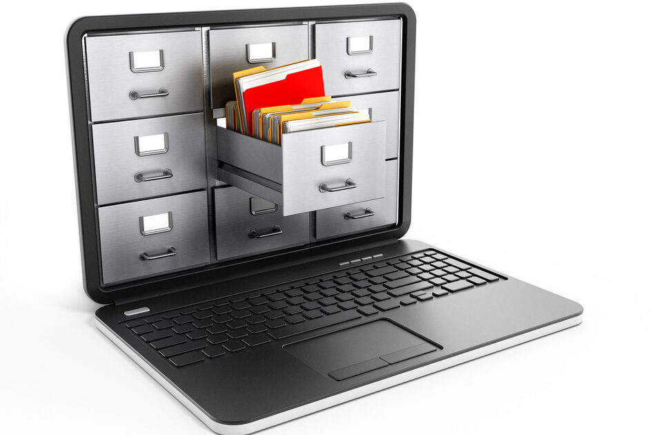 Ordner, Regal, auf einem Laptop Desktop