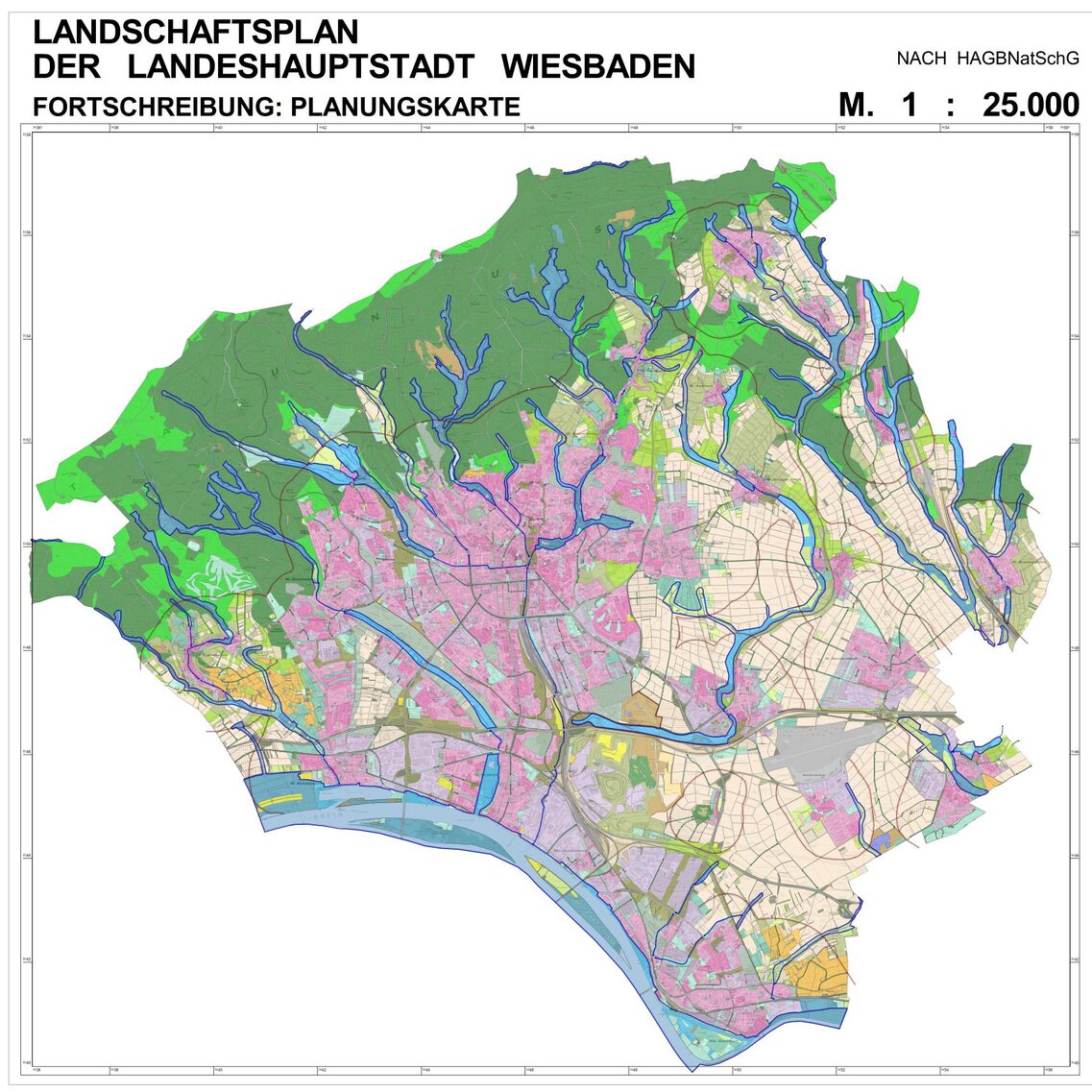 Eine Übersichtskarte des Stadtgebiets Wiesbaden mit Darstellung der Natur- und Siedlungsräume in unterschiedlichen Farben.