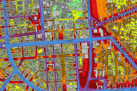 Plan du centre-ville de Wiesbaden avec les nuisances sonores en couleur