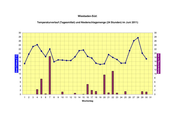 Diagramm mit Wetterdaten eines Monats, Temperaturverlauf als Kurve und Niederschlagsmenge als Balken