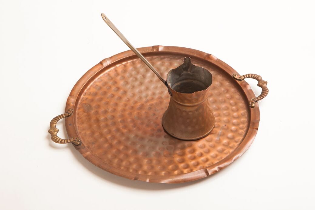 Copper tray with mocha pot