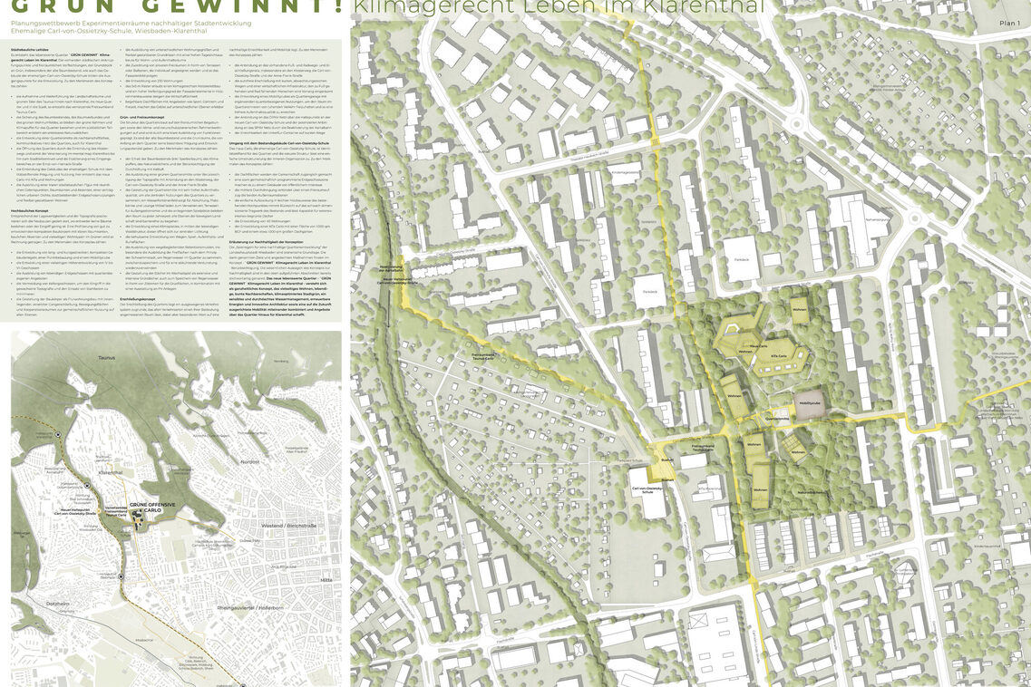 Verschiedene Darstellungen zum Plangebiet. Hier: ein Rahmenplan mit den neuen Gebäuden und dem modifizierten Schulgebäude. Der Bebauungsvorschlag wird in die erweiterte Umgebung eingebettet und übergeordnete Wegebeziehungen dargestellt. Die Farbe grün dominiert. Im Titel darüber steht groß „Grün gewinnt! Klimagerecht Leben in Klarenthal“. Links befindet sich ein großer Textblock mit Erläuterungen. Darunter eine Übersichtskarte, in der das Plangebiet im Westen Wiesbadens verortet ist.