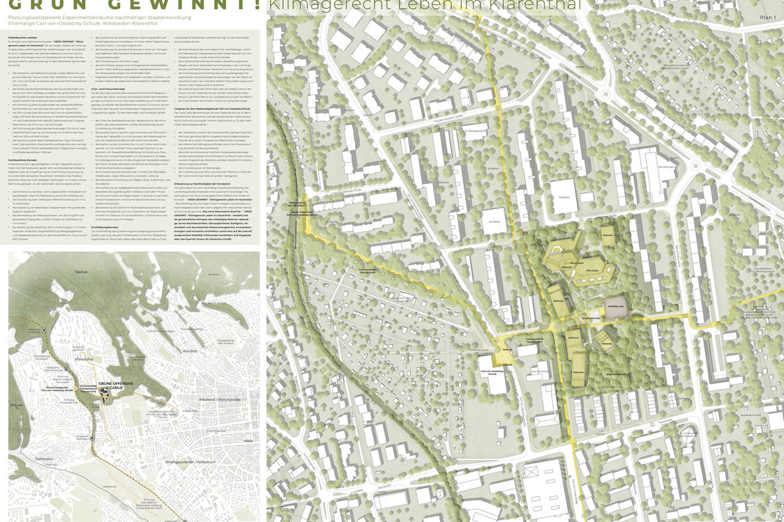 Różne ilustracje obszaru objętego planem. Tutaj: plan ramowy z nowymi budynkami i zmodyfikowanym budynkiem szkoły. Propozycja rozwoju jest osadzona w rozszerzonym otoczeniu i pokazane są nadrzędne trasy. Dominuje kolor zielony. Tytuł powyżej brzmi "Zieleń wygrywa! Przyjazne dla klimatu życie w Klarenthal". Po lewej stronie znajduje się duży blok tekstowy z objaśnieniami. Poniżej znajduje się mapa poglądowa, na której obszar planu znajduje się na zachód od Wiesbaden.