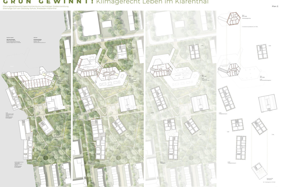 Verschiedene Darstellungen zum Plangebiet. Hier: Mehrere Grundrisszeichnungen der verschiedenen Geschosse