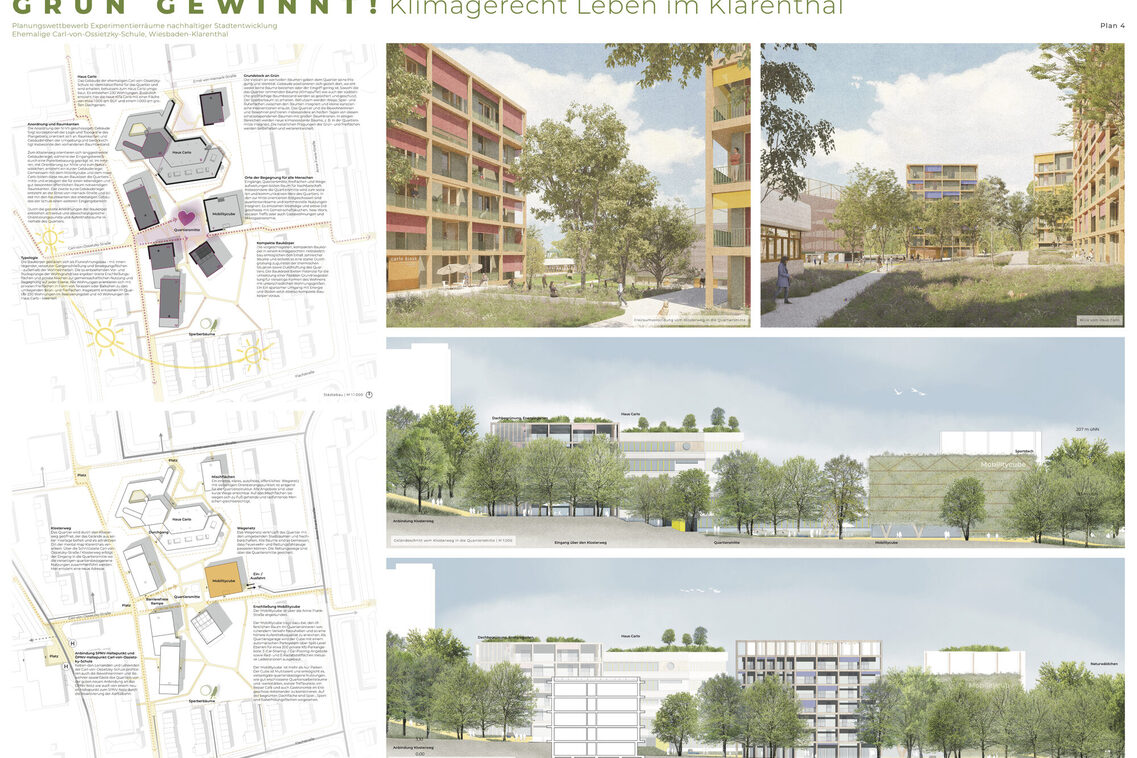 Verschiedene Darstellungen zum Plangebiet. Hier: zwei fotorealistische Visualisierung, zwei Schemazeichnungen zu verschiedenen Themen und zwei Ansichten, die das Plangebiet mit dem Bebauungsvorschlag aus unterschiedlichen Richtungen zeigen.