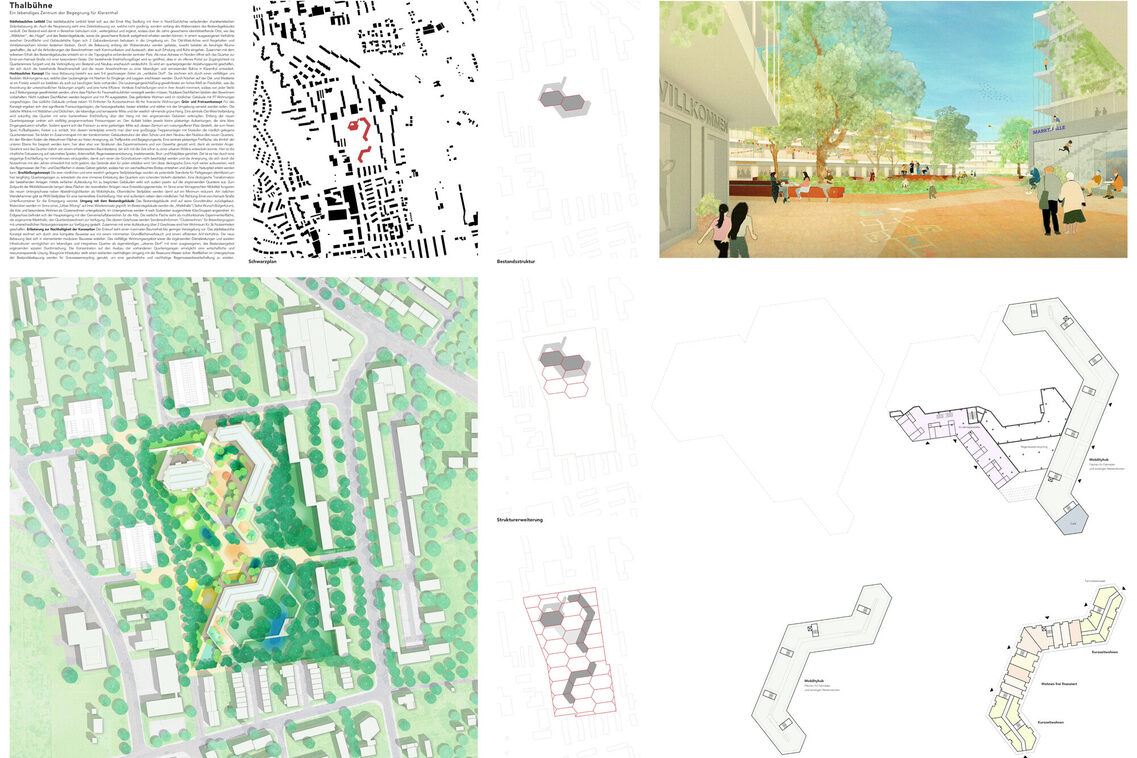 Verschiedene Darstellungen zum Plangebiet. Hier: Ein Textblock, ein Schwarzplan mit dem Bebauungsvorschlag in roter Farbe, mehrere Schemagrundrisse, eine Visualisierung und ein Rahmenplan, in dem die Schlangenförmige Gebäudeform in die Umgebung eingebtettet dargestellt wird.