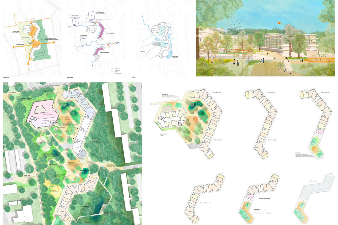 Verschiedene Darstellungen zum Plangebiet. Hier: eine Visualisierung, mehrere Grundrisszeichnungen und mehrere Schemazeichnungen zu verschiedenen Themen