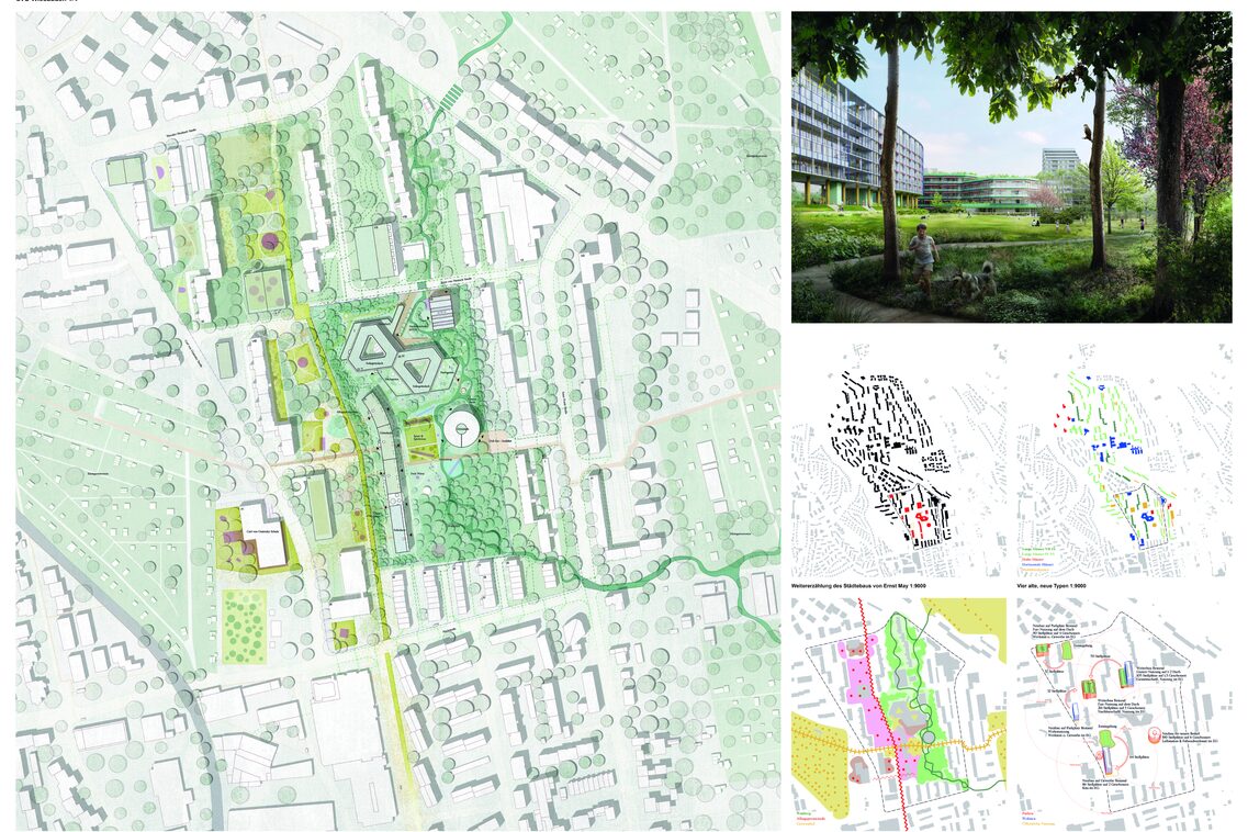 Verschiedene Darstellungen zum Plangebiet. Hier: eine fotorealistische Visualisierung, ein Schwarzplan des Stadtteils mit der neuen Bebauung rot hervorgehoben, ein Rahmenplan, der den Bebaungsvorschlag in die erweiterte Umgebung einbettet und eine übergeordnete Wegebeziehung deutlich werden lässt und mehrere Schemazeichnungen zu verschiedenen Themen