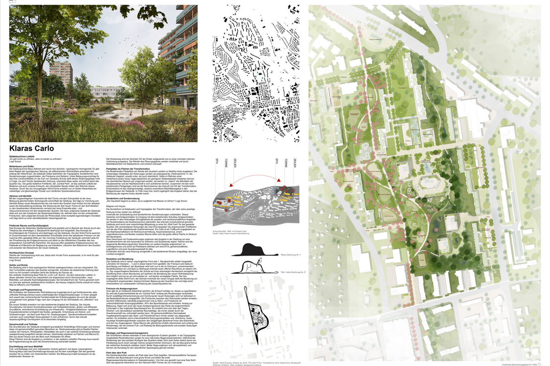 Różne wizualizacje obszaru objętego planem. Tutaj: fotorealistyczna wizualizacja, czarny plan dzielnicy, plan ramowy, który osadza propozycję rozwoju w rozszerzonym otoczeniu i wyjaśnia nadrzędną relację trasy oraz kilka schematycznych rysunków na różne tematy. Towarzyszy im długi tekst.