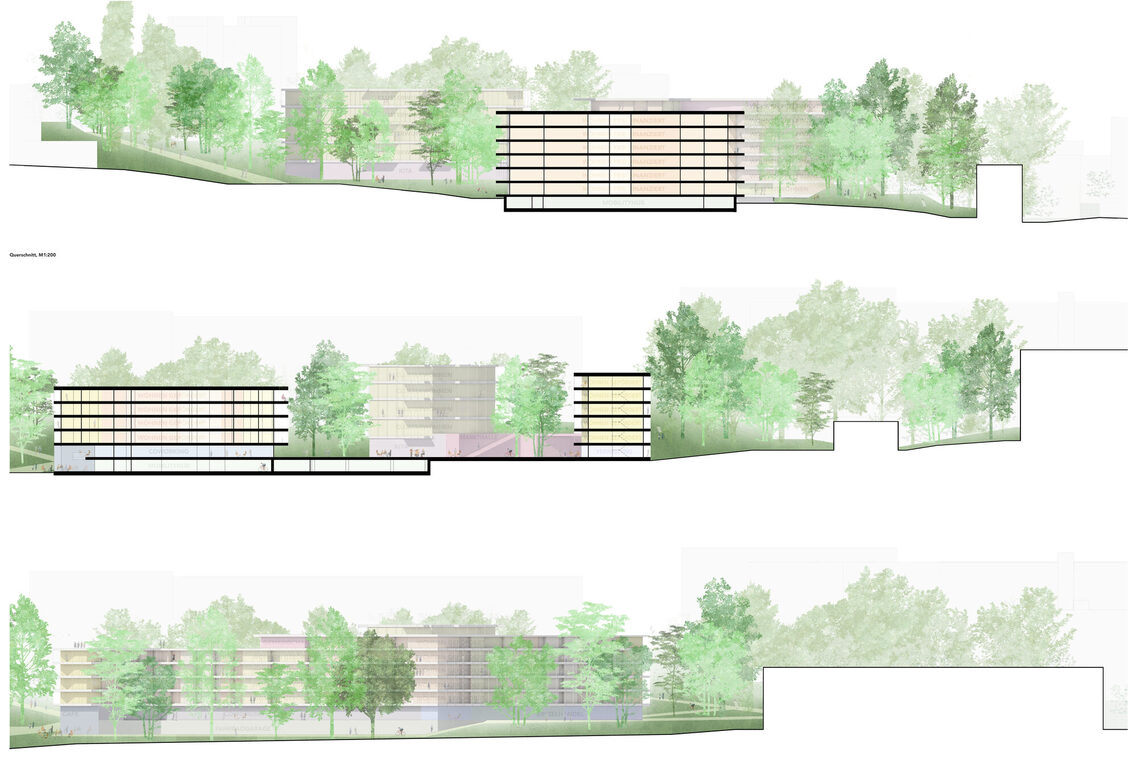 Verschiedene Darstellungen zum Plangebiet. Hier: drei Schnitte durch das Plangebiet, die die vorgeschlagene Bebauung aus verschiedenen Richtungen zeigen. Die Anzahl der Geschosse ist gut erkennbar. Es sind viele Bäume abgebildet.