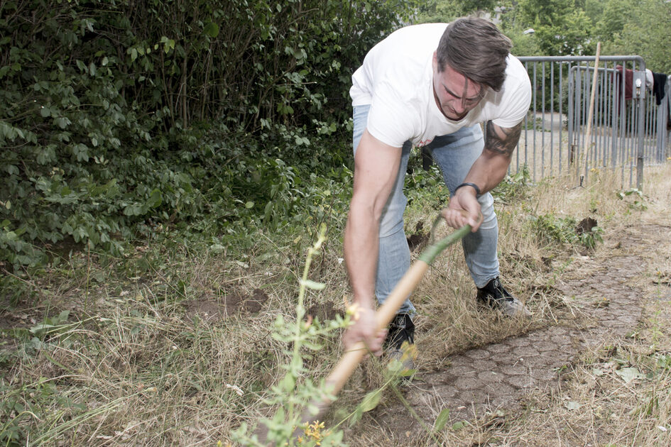 Mann bei der Gartenarbeit: Ein kräftiger Mann mit kurzen dunklen Haaren, weißem T-Shirt und blauer Jeans arbeitet intensiv mit einer Hacke. Er beugt sich nach vorne, seine Muskeln sind angespannt, und er schaut konzentriert auf den Boden. Das Umfeld ist von grünen Büschen umgeben, und im Hintergrund steht ein Metallzaun.