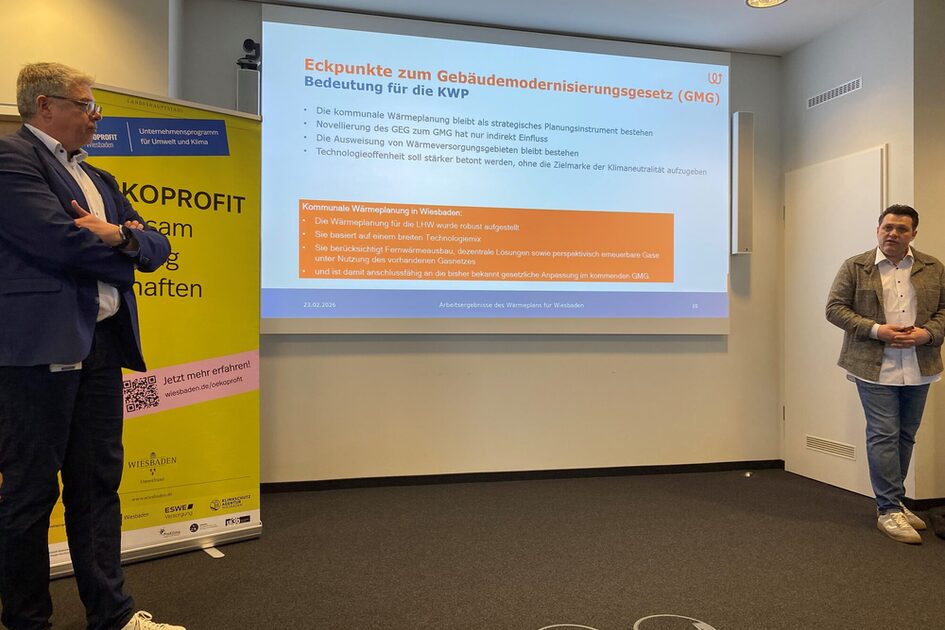 zwei Männer, zwischen ihnen eine Leinwand mit Präsentation mit der Überschrift "Eckpunkte zum Gebäudemodernisierungsgesetz" und ein gelbes Banner.