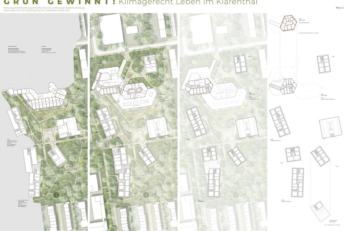 Verschiedene Darstellungen zum Plangebiet. Hier: Mehrere Grundrisszeichnungen der verschiedenen Geschosse