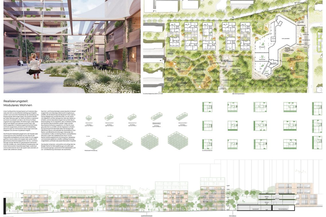 Verschiedene Darstellungen zum Plangebiet. Hier: eine fotorealistische Visualisierung, ein Textblock, mehrere Grundrissschemazeichnungen sowie ein Schnitt durch das gesamte Plangebiet.