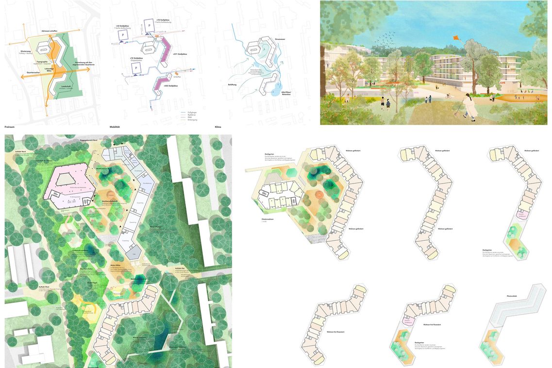 Verschiedene Darstellungen zum Plangebiet. Hier: eine Visualisierung, mehrere Grundrisszeichnungen und mehrere Schemazeichnungen zu verschiedenen Themen